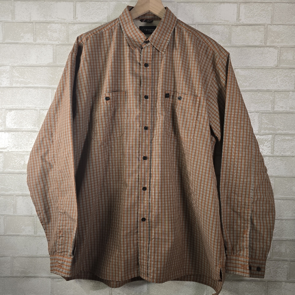 Terrain Wrangler Men's Long Sleeve Button Up Outdoors Orange Plaid Shirt Large